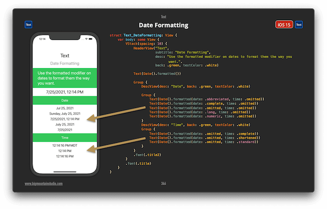 SwiftUI page from Big Mountain Studio's book SwiftUI Views Quick Start showing it is a visual reference with screenshot and code